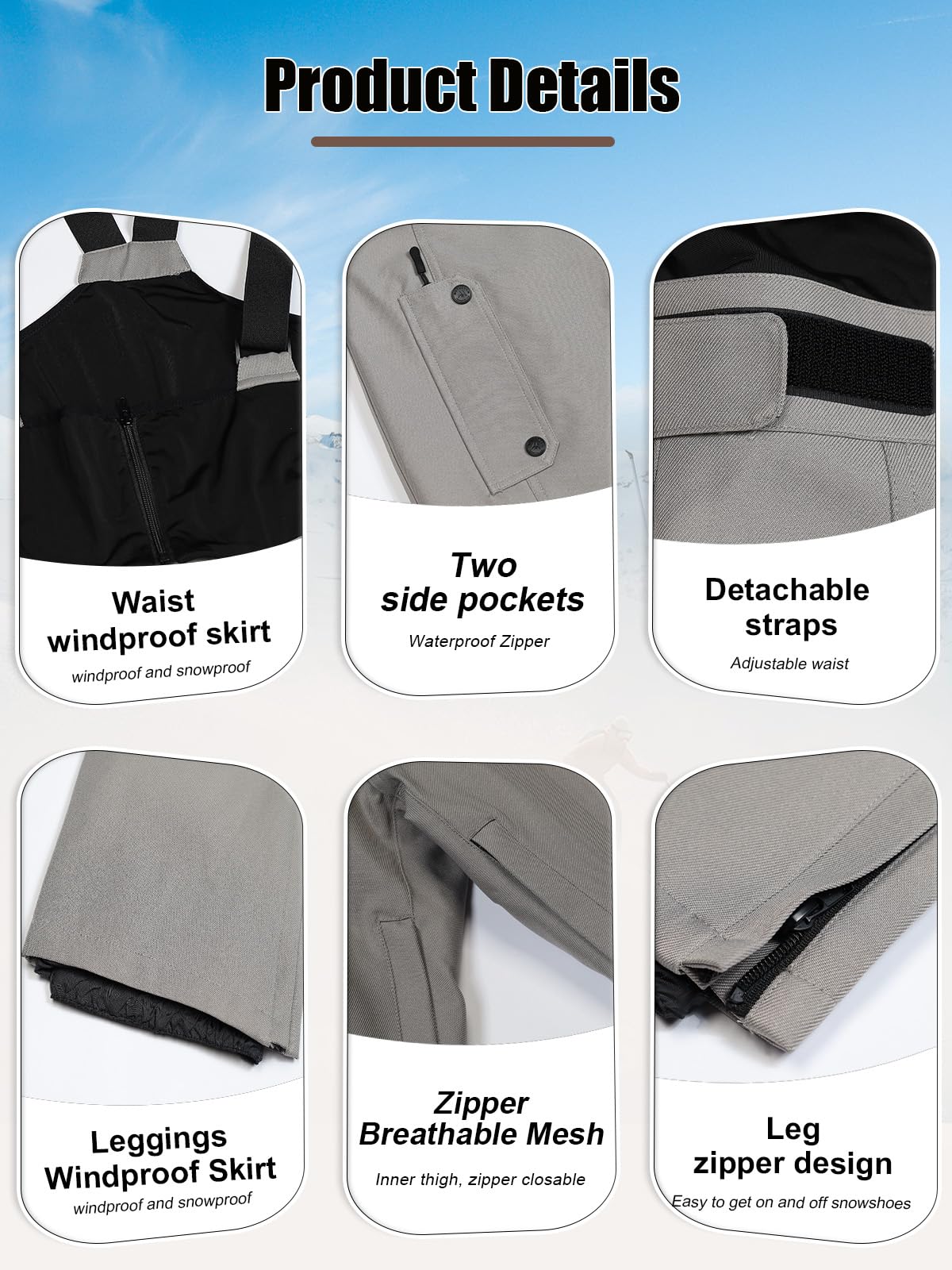 HOUZONIY Herren Skihose Wasserdicht Schneehose Softshellhose Winter Warm Gefüttert Snowboardhose Overall mit VAbnehmbar Träger