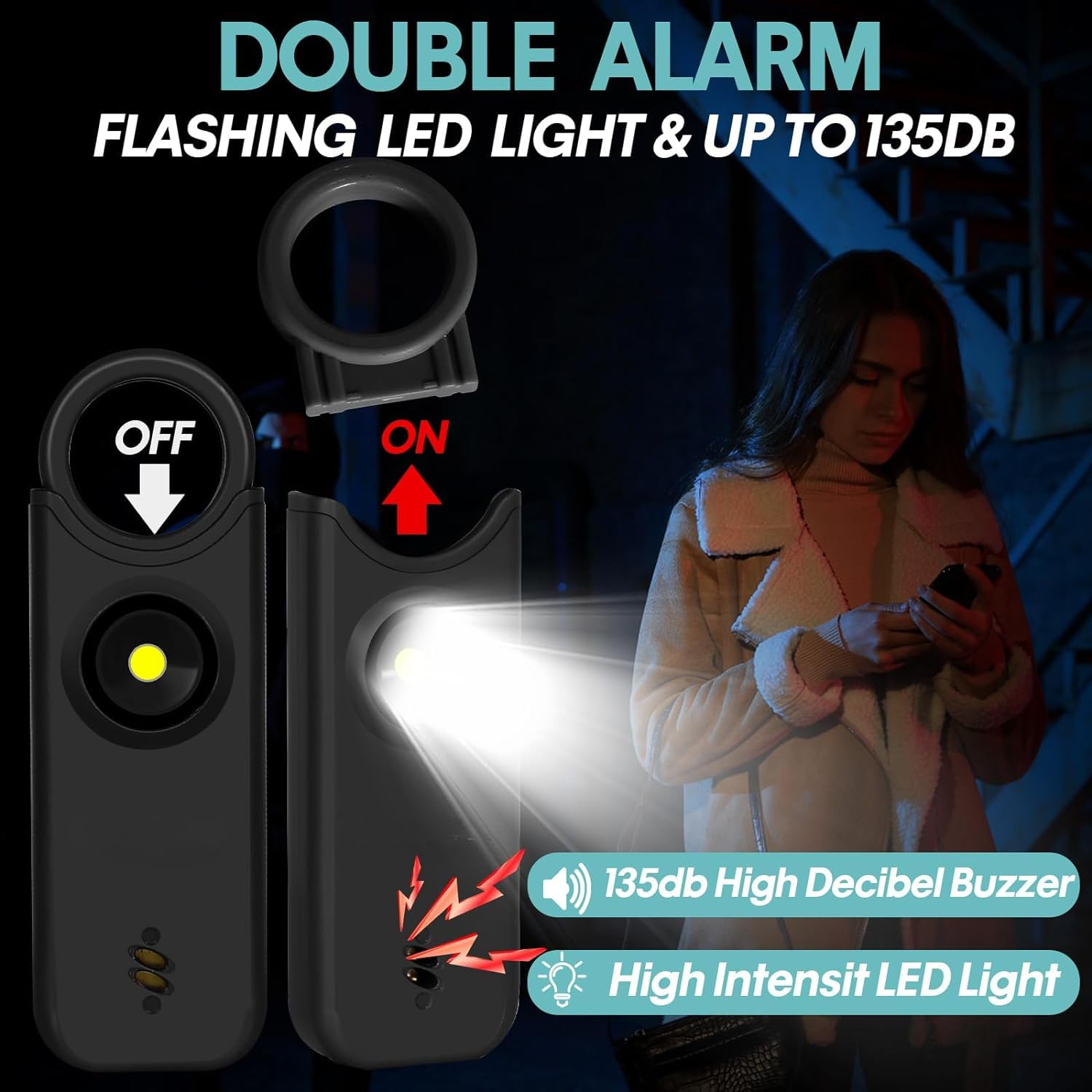 Rechargeable Personal Safety Alarm for Women, 135 dB Loud Self Defense Keychain Siren with LED Strobe Light,Key Chain Alarms for Women Kids Elderly (Black)