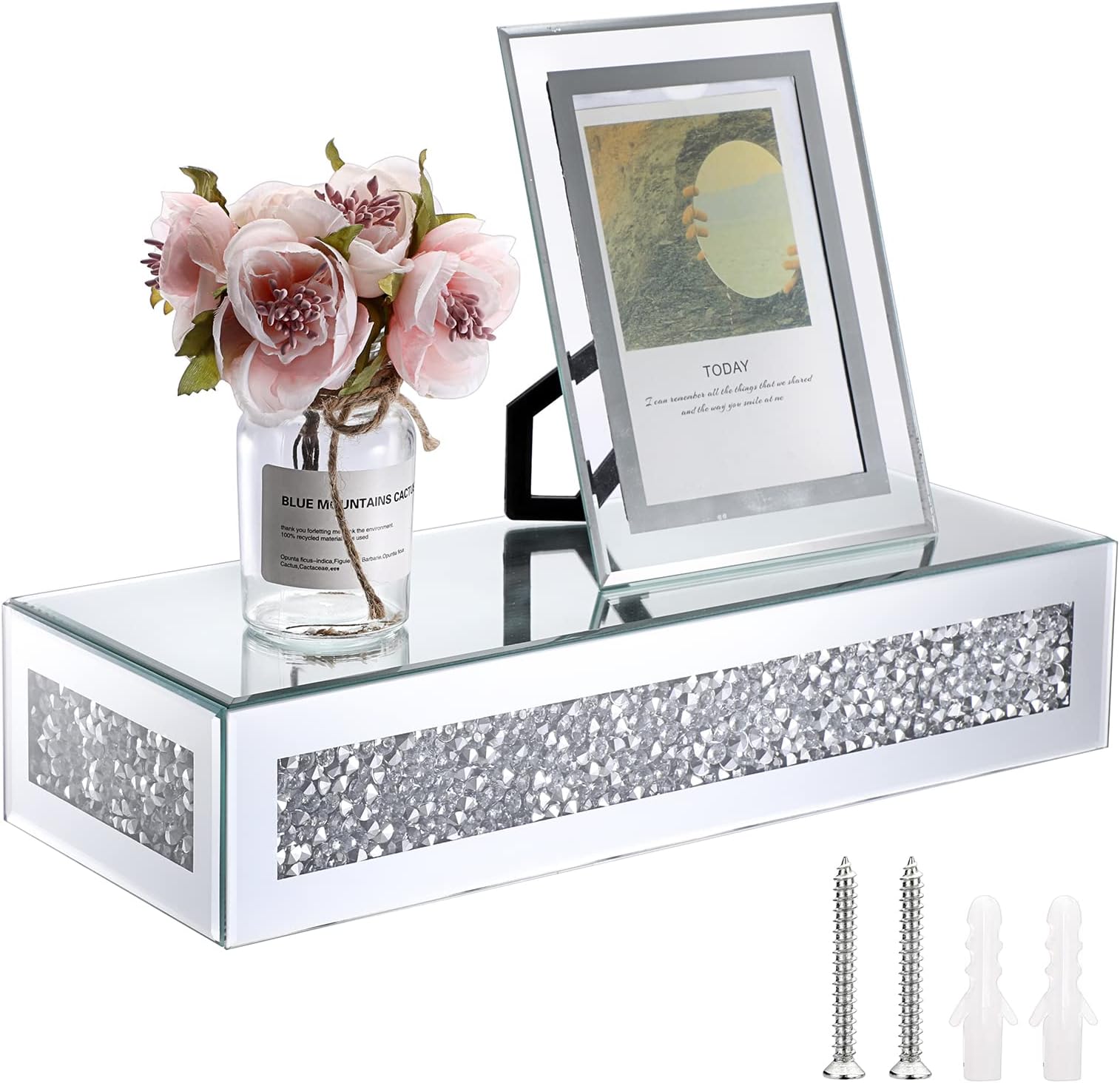 BTSKY Decorative Glass Mirrored with Crushed Diamonds Floating Shelf - Wall Mounted Tabletop Display Holder Rack Stand Shelf, Silver