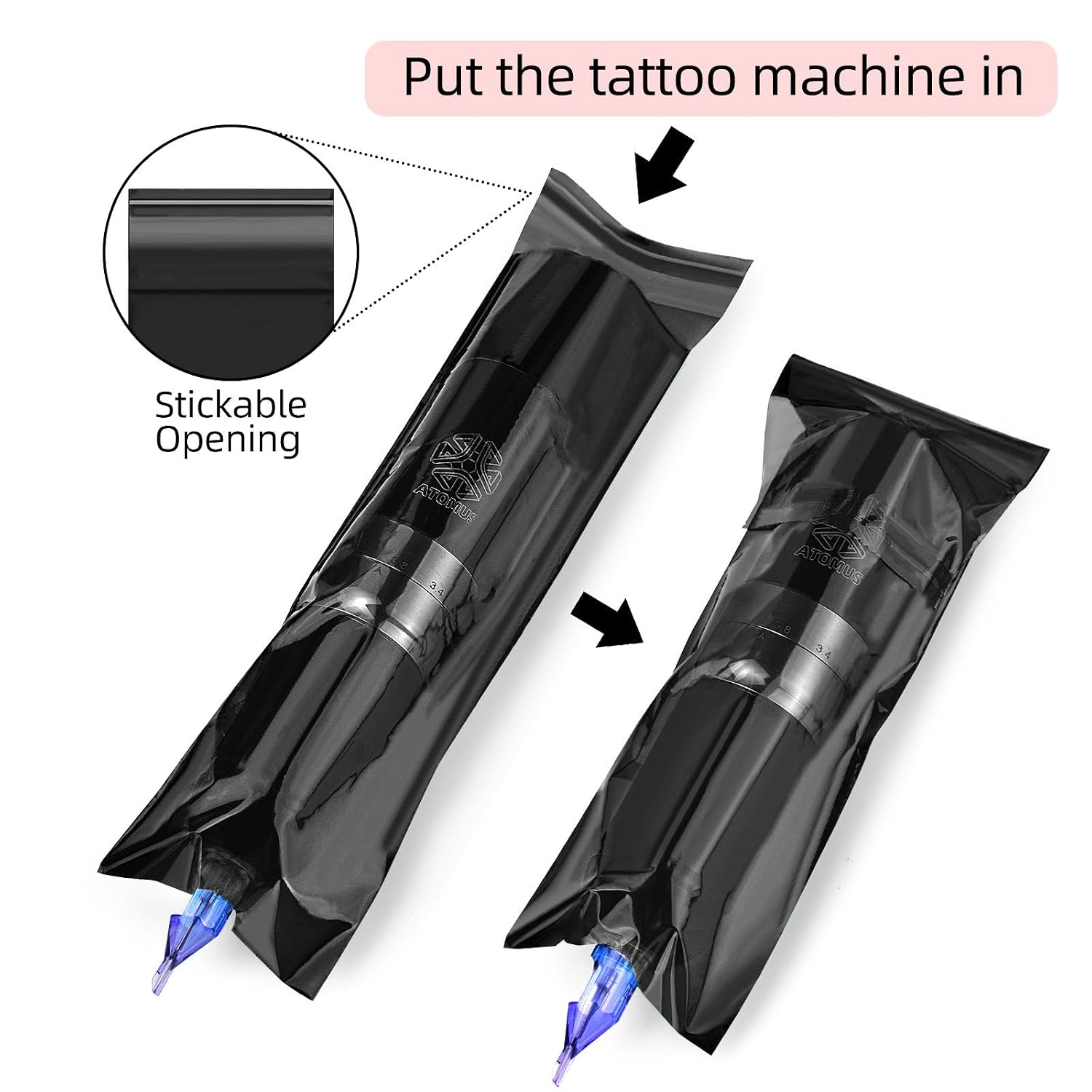 ATOMUS Tattoo Machine Covers with Self-adhesive Strip 100pcs 2.5×8.6 inch Sealable Tattoo Pen Covers Bags Sleeves for Cartridge Pen Tattoo Machine Tattoo Supplies & Accessories (Black)