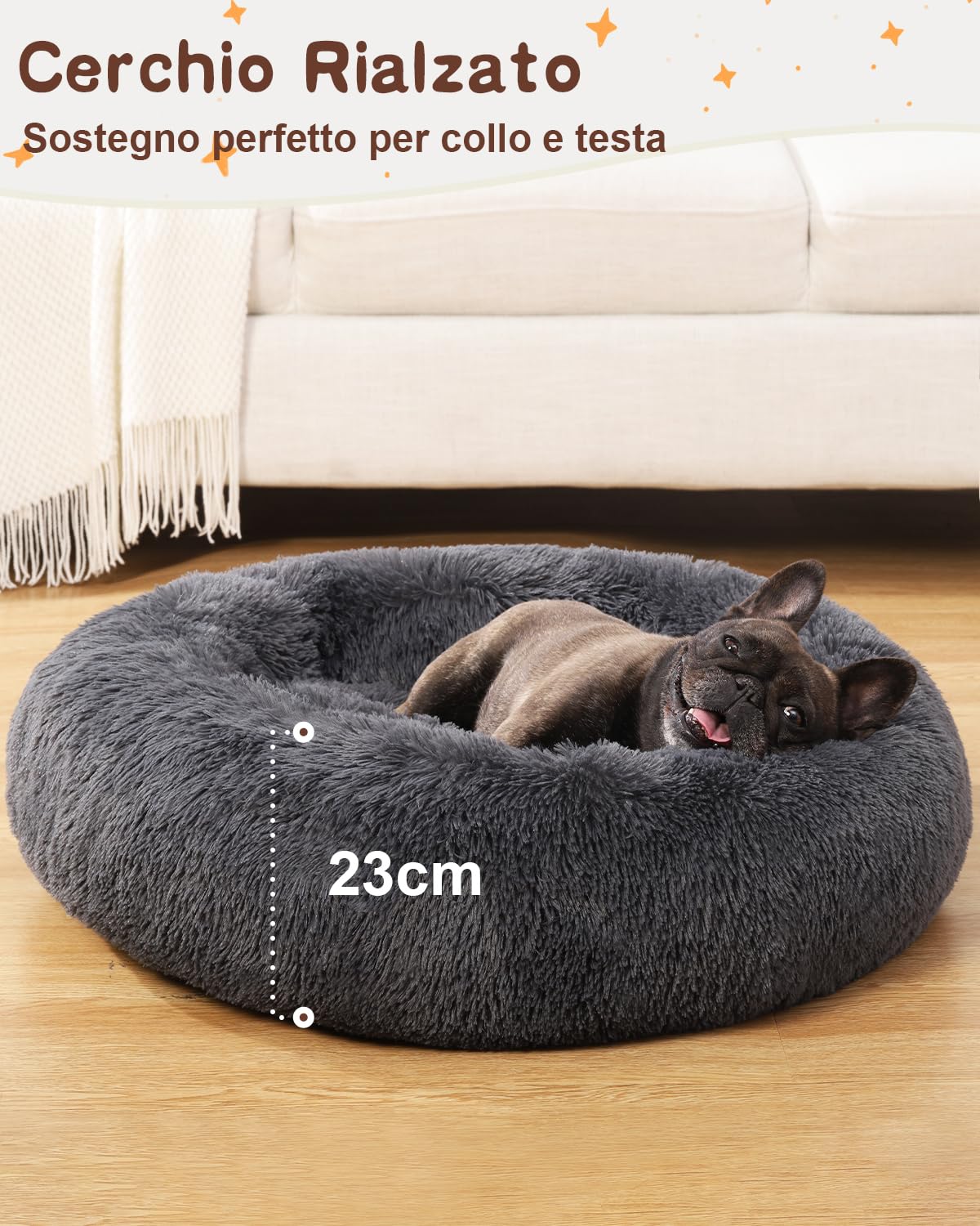 KSIIA Cuccia Gatto Cane Rimovibile, Cuccia Cane Interno Lavabile, Rotonda, Ø 90 cm, Morbida Cuscino per Cani in Peluche Lungo, Lettino per Cani Taglia Media, Grigio Scuro