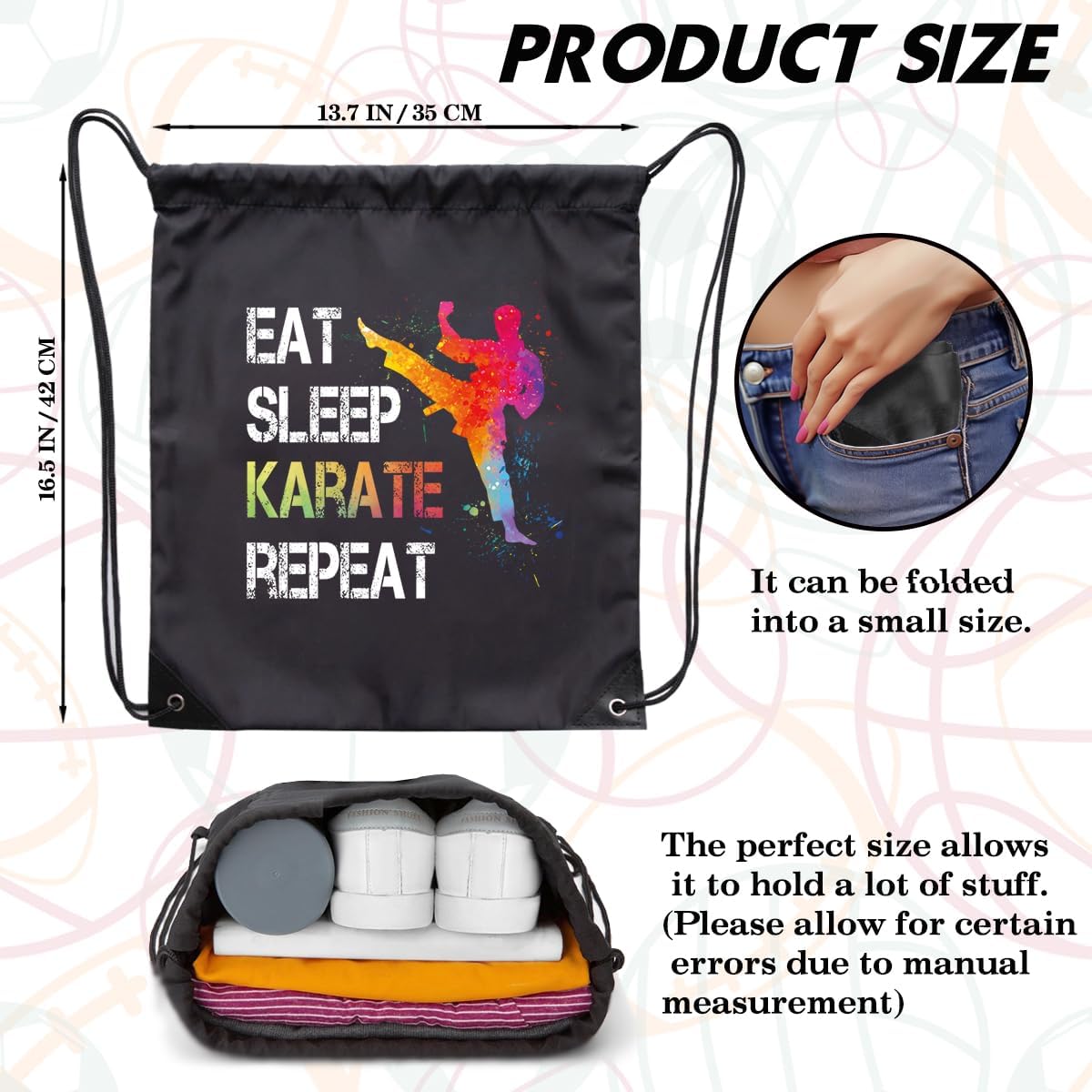 Eat Sleep Karate Repeat Drawstring Backpack For Men Women, Waterproof Sport Sackpack For Karate Lover Karate Fan, Funny Birthday Christmas String Gym Bag Gifts For Her Him