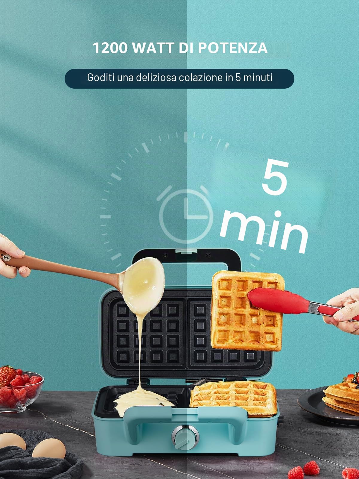 Piastra Waffles Maker 3 in 1, 1200W Tostapane Piastra Panini, Tostiera Elettrica, ad Alta Potenza, Controllo della Temperatura a 5 Marce, Deposito Cavi, Rivestimento Antiaderente (Blu)