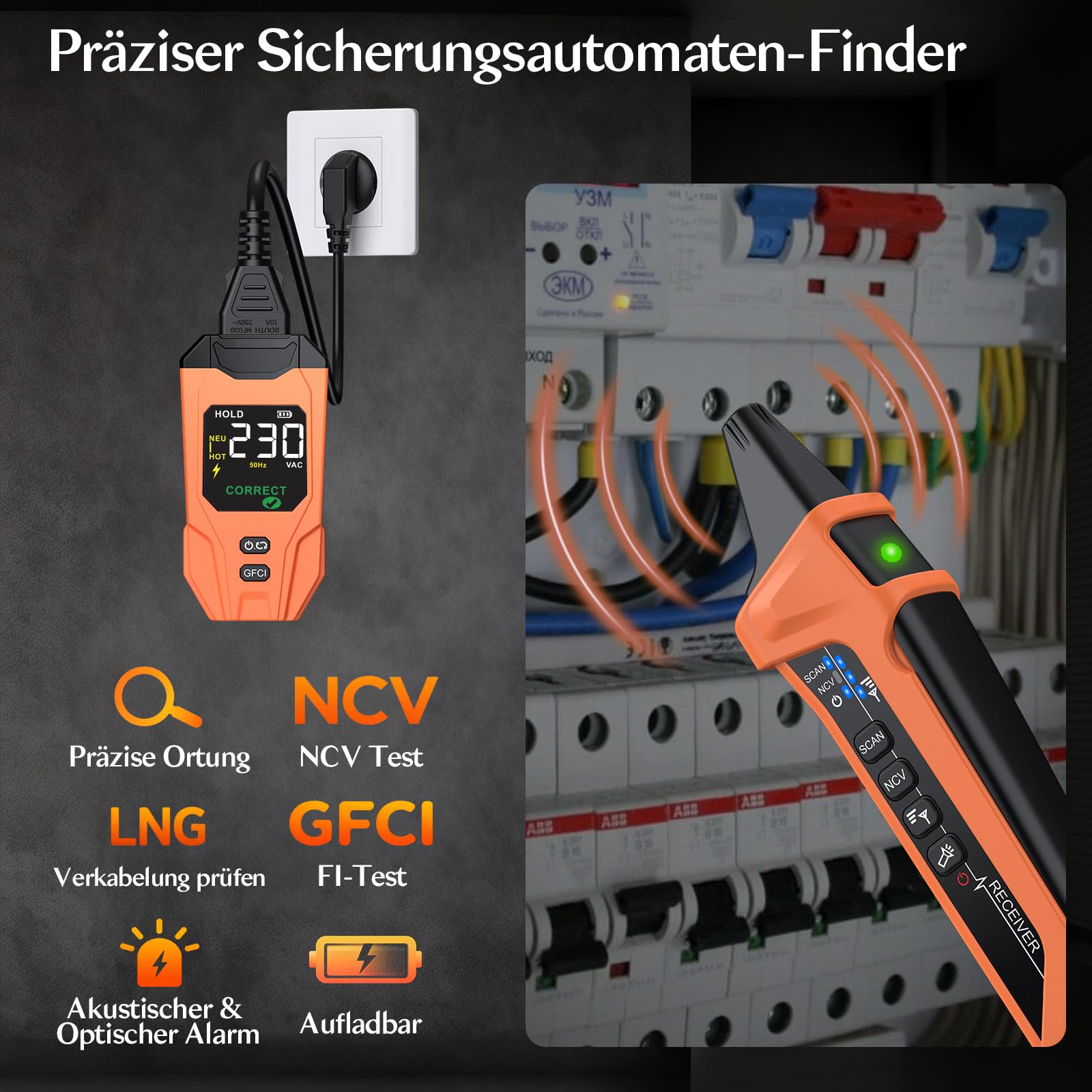 Sicherungsfinder Set, Ortungsgerät Stromkreise mit Steckdosentester FI-/Verdrahtungstest, berührungsloser Spannungsprüfer mit Lampe, LCD-Display 230V NCV Phasenprüfer Leitungssuchgerät