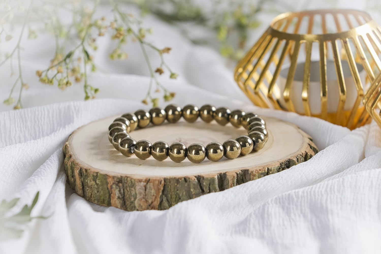REBUY Golden Pyrite Healing Chakra Bracelet For Both Men & Women | Natural Pure & Lab Certified Anxiety Crystal Gemstone Jewelry For Stress Relief Reiki Yoga Balancing energy | Bead Size 8 mm