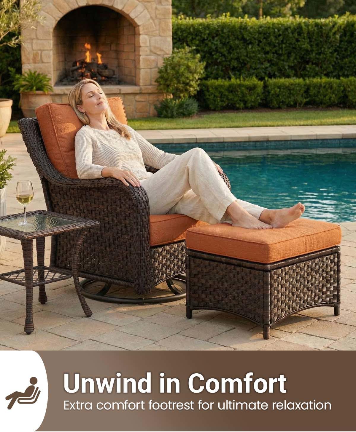 7 Pieces Outdoor Furniture Set with 6-inch Cushions, High Back Wicker Swivel Rocker Chairs with Fire Pit Table, Luxury Conversation Set for Deck Patio and Poolside