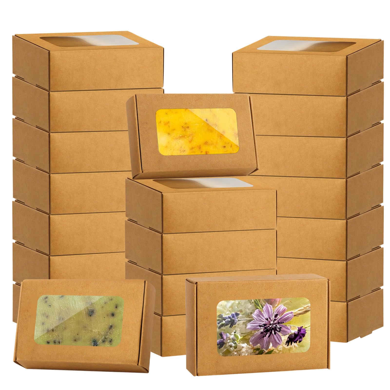 RYKOMO 40 PCS Soap Boxes for Homemade 3.55 x 2.4 x 1.2 Inch Small Soap Paper Box Mini Kraft Treat Box with Window for Homemade Soap Packaging Boxes Supplies