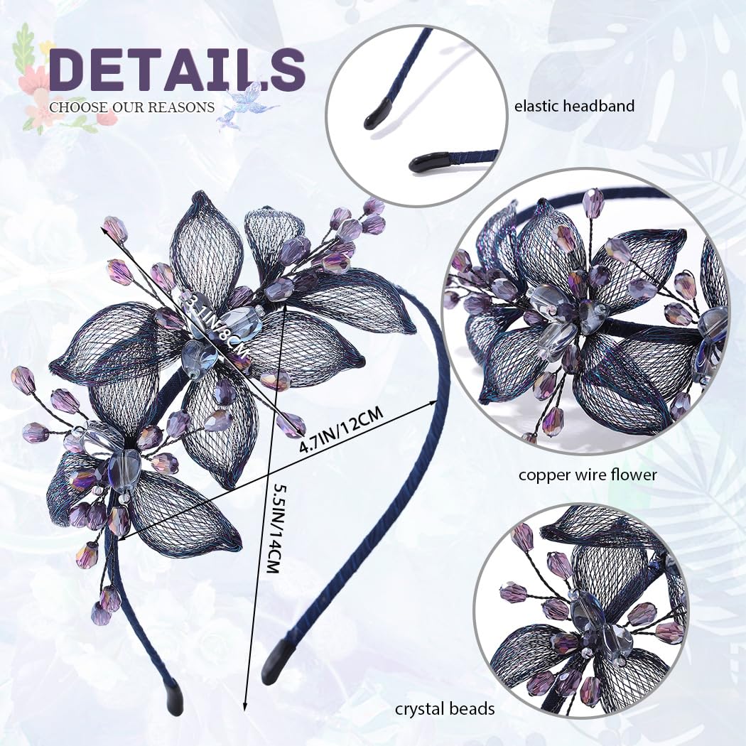 IYOU Flower Copper Wire Headbands Navy Blue Crystal Hair Bands Handmade Vintage Party Prom Wedding Hair Accessories for Women - Image 3