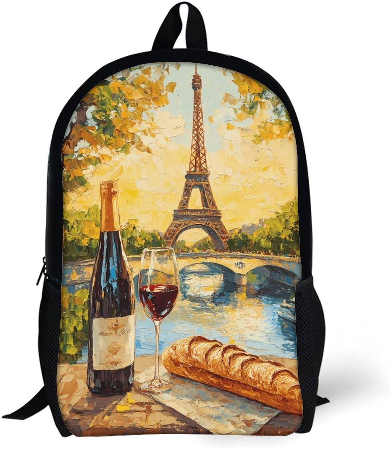 Wine French Bread Eiffel Tower Sunshine Unisex Backpack 17" Casual Daypacks Simple Shoulders Bag for Camping Hiking Travel Gear