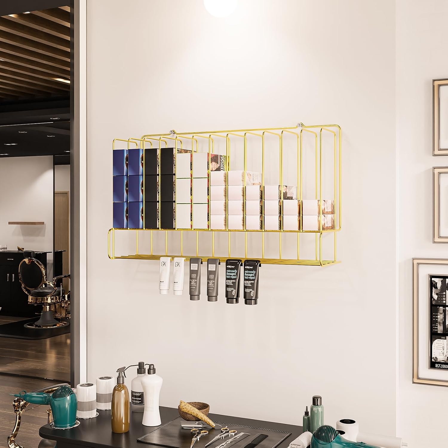 Professional Hair Color Organizer Rack, Metal Salon Hair Color Tube Storage Racks, Wall Mounted Hair Dye Tube Storage Rack for Salon Beauty Home, Upgrade Gold