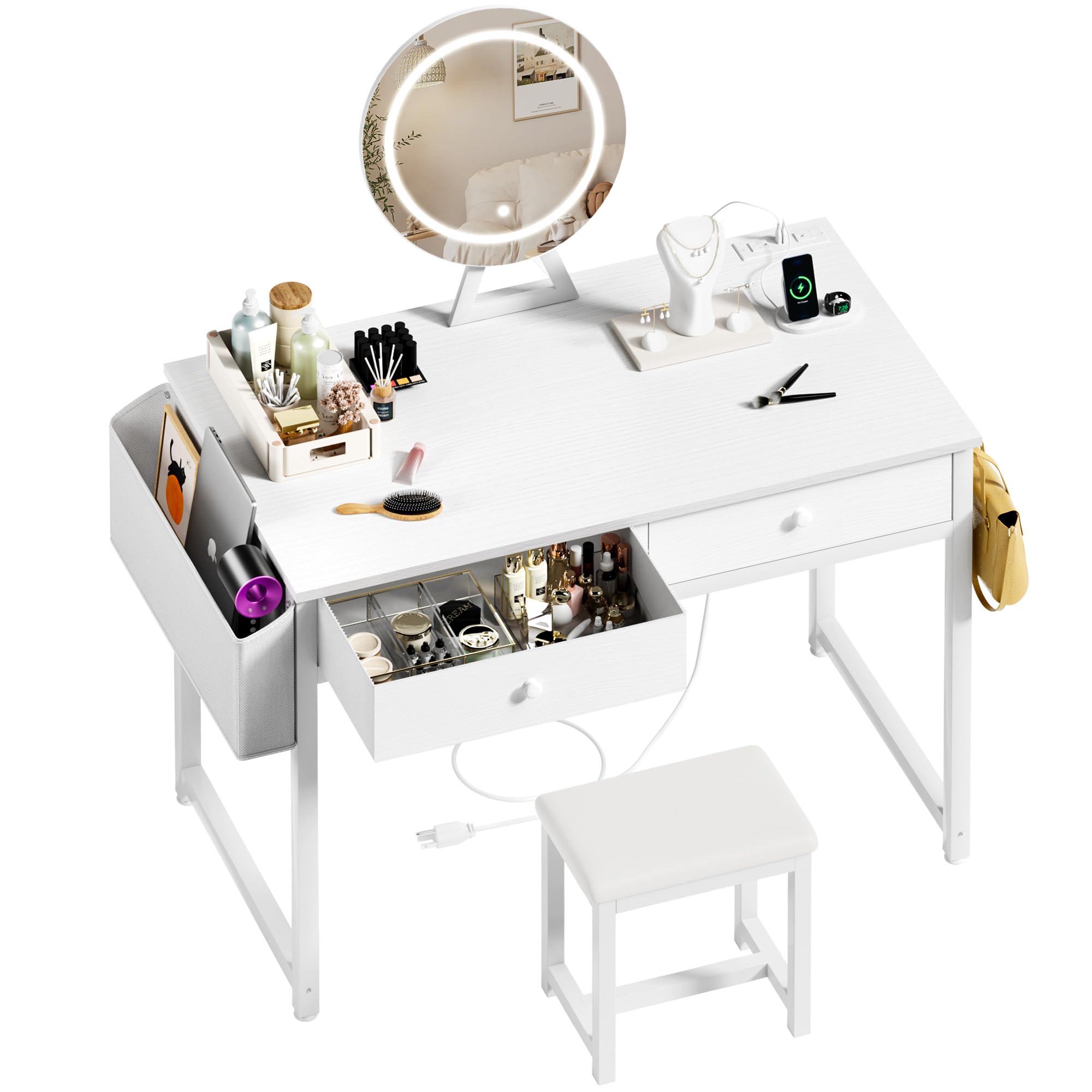 Makeup Vanity Desk with Mirror and Lights - Small White Vanity Table with Fabric Drawers & Chair, Power Outlet, Modern Make Up Vanitys Desks Set, Dressing Table for Girls Bedroom