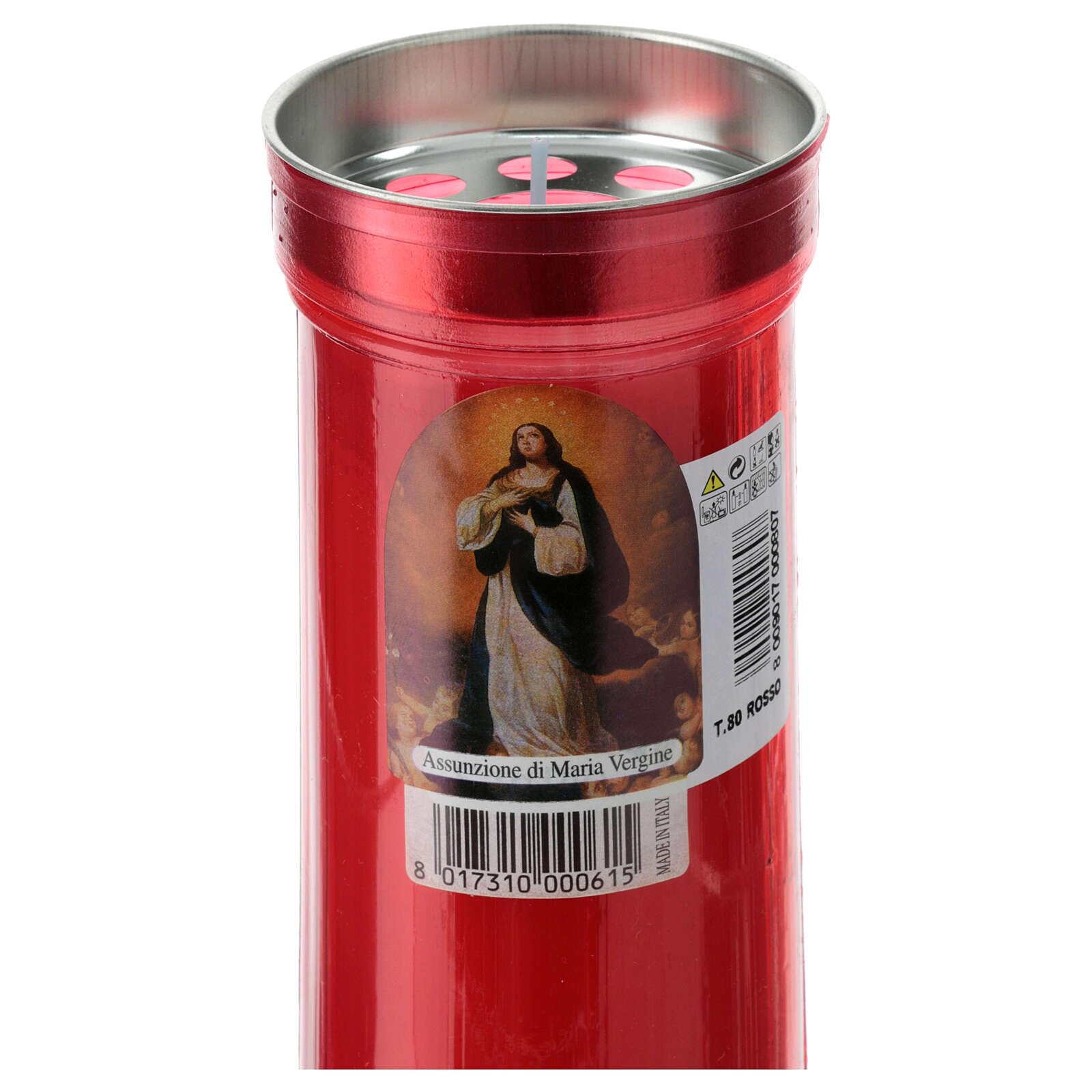 Red Votive Candle, White Wax, Image of Our Lady, 8 cm of Diameter