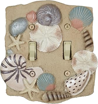 By The Sea Seashell Lighting Switchplate | Neutral Sand | 2-Gang Double Switch Plate | Classic Coastal Light Cover with Sandy Texture, Dimensional Shells, and Starfish | Color-Match Hardware Included