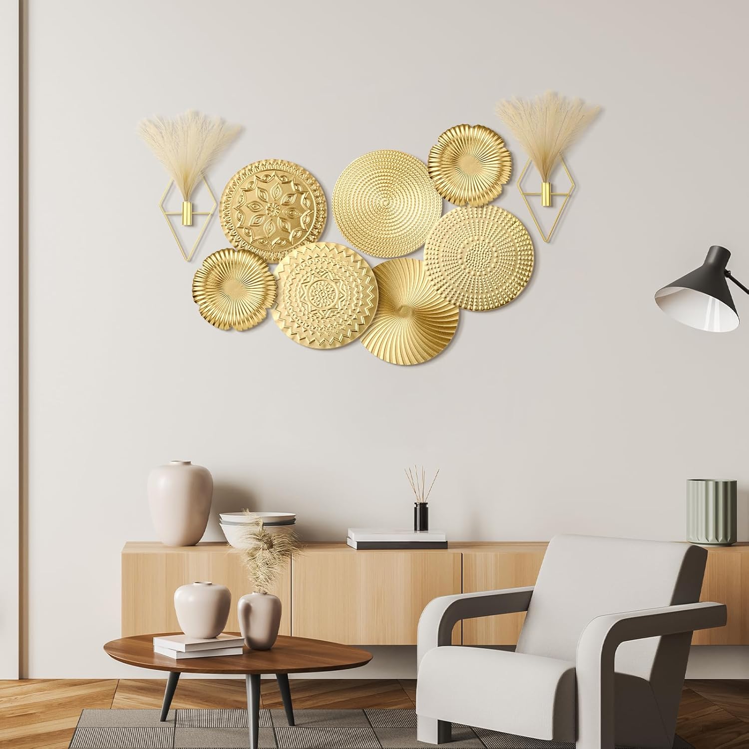 Wesiti 9 Pcs Gold Metal Wall Art Set Hanging Planters with Artificial Pampas Grass Modern Boho Wall Decor Set for Living Room Bedroom Bathroom Office