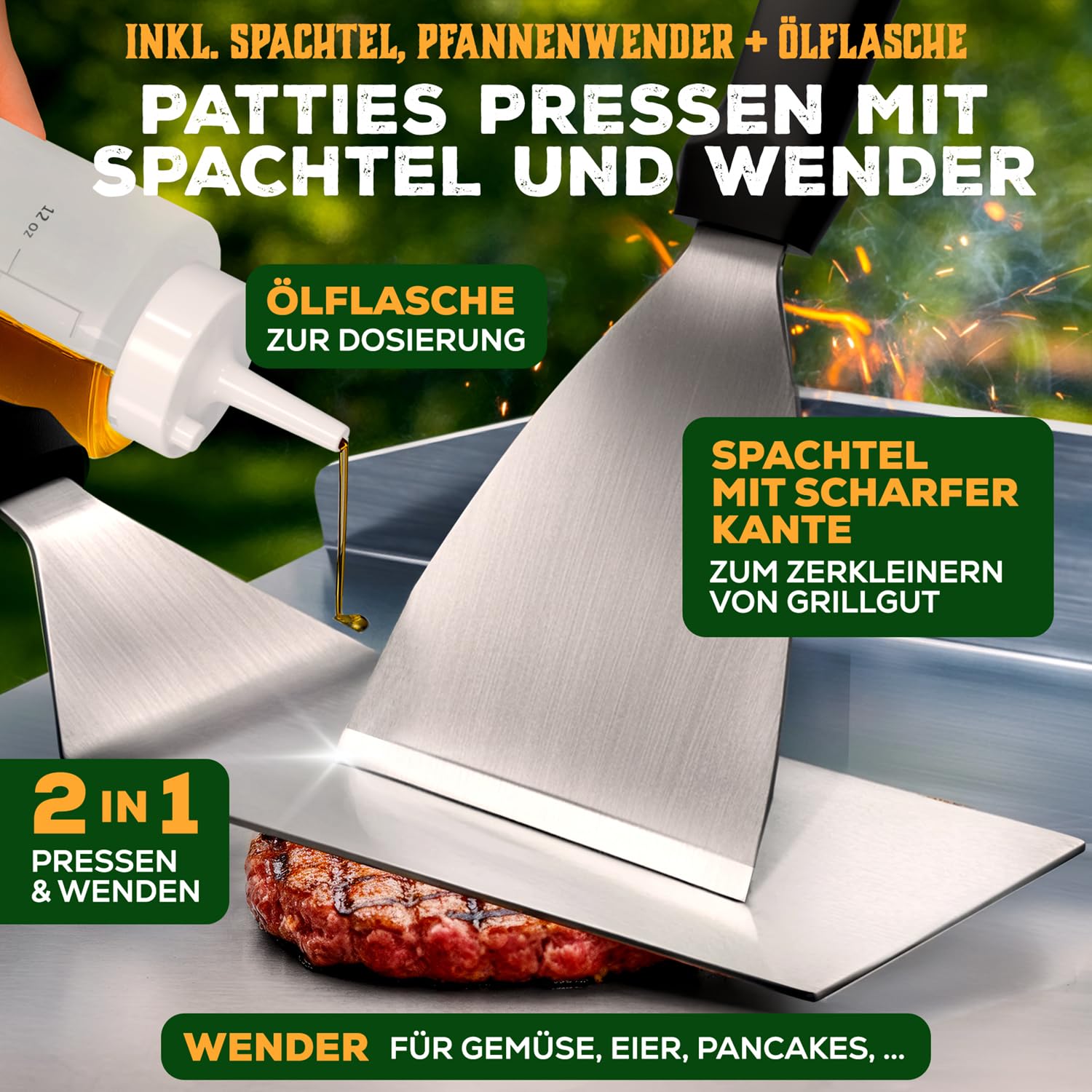 Blumtal Set Plancha Grillplatte Edelstahl inkl. 2 Grillspachteln & Ölflasche - 30x40 cm Plancha Grill Set für perfekte Röstaromen - Grillmatte Gasgrill geeignet - Edelstahl Platte rostfrei & robust