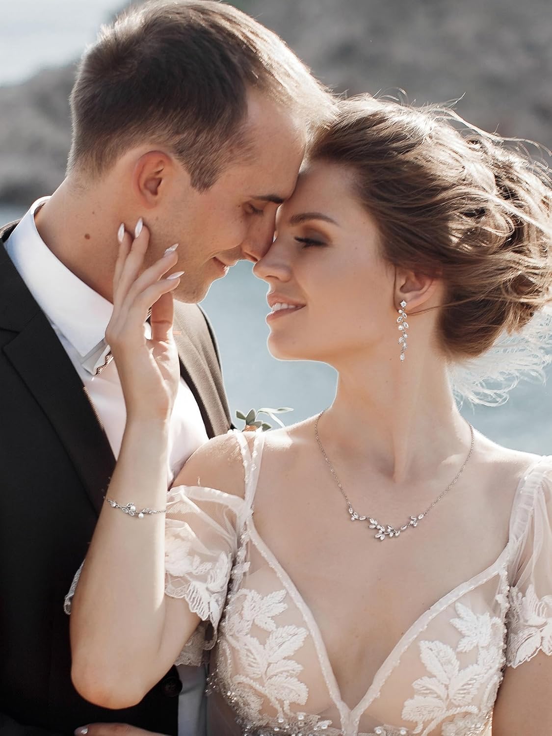 SWEETV Wedding Jewelry Sets For Women, Marquise Cubic Zirconia Pearl Bridal Jewelry Set for Brides Bridesmaids, Vine Leaf Necklace Dangle Earrings Sets - Image 4