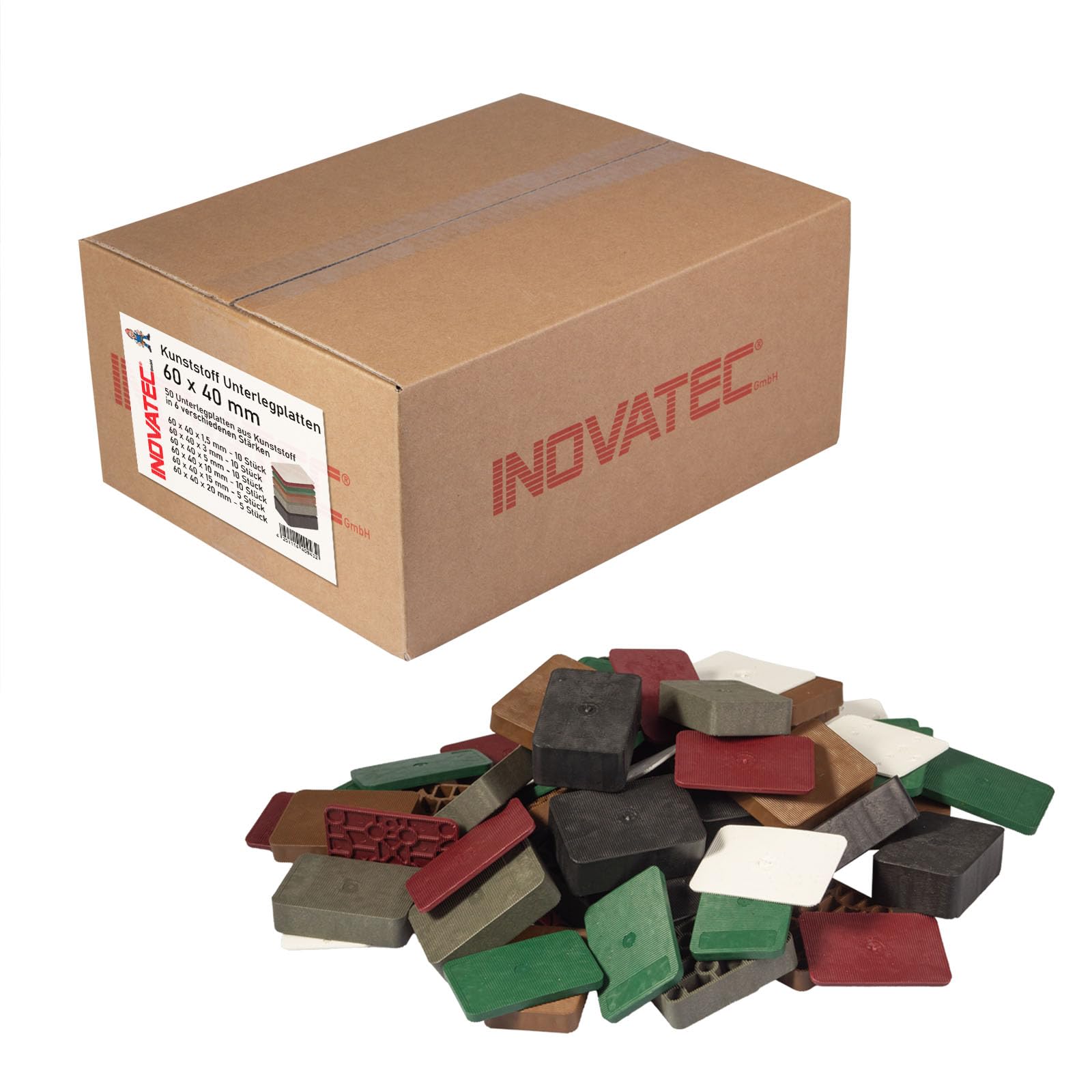 INOVATEC Kunststoff Unterlegplatten 60 x 40 mm, Mix in Größen 1.5–20 mm