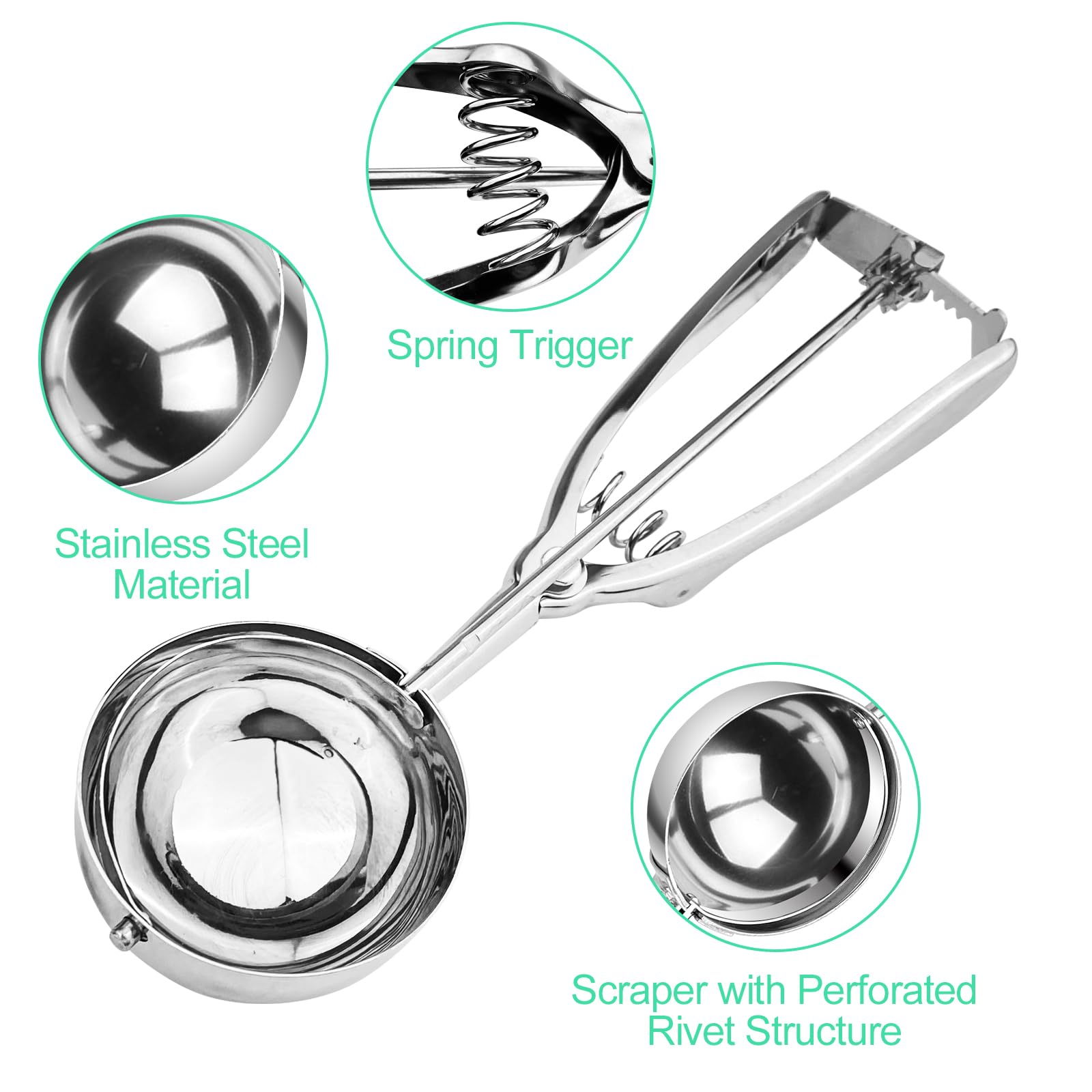 Cucchiaio per Gelato in Acciaio Inox 3 Pezzi, Dosatore Gelato 4-6 cm, Paletta con Grilletto