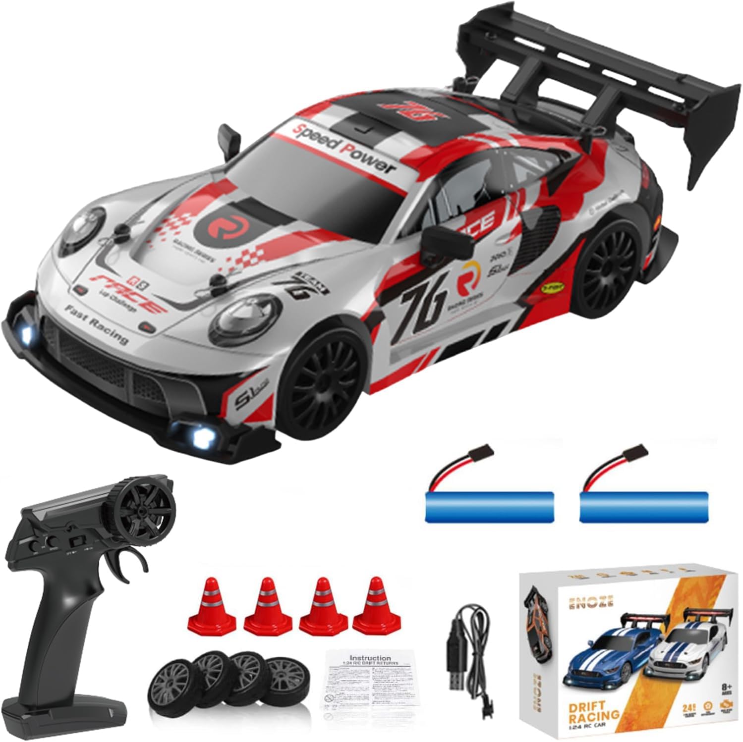 RC Drift Auto 1:24 - 4WD Mit 20km/h - 2.4GHz Fernsteuerung - Inkl. 2 Batterien & LED-Beleuchtung