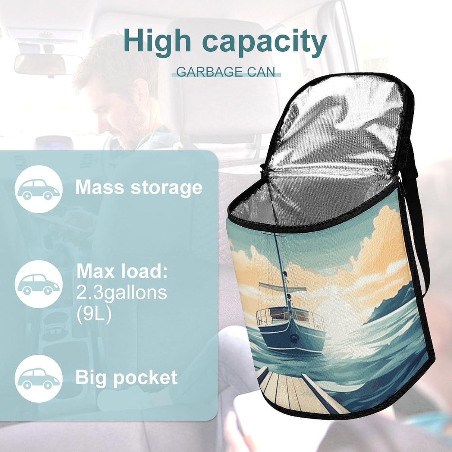 Hanging Car Trash Bag Boat Seascape Theme Printed Car Garbage Storage Bag Leakproof Car Trash Can Portable Garbage Storage Bags