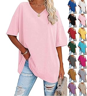 Tranquilm - Camiseta de manga corta con cuello en V para mujer, color liso, ajuste holgado