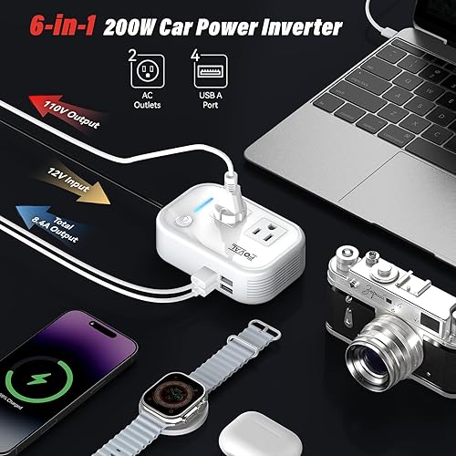 Miniatura 4 de FOVAL - Inversor de corriente para automóvil de 200 W, 12 V CC a 110 V CA, inversor de automóvil con 4 puertos USB, adaptador de corriente