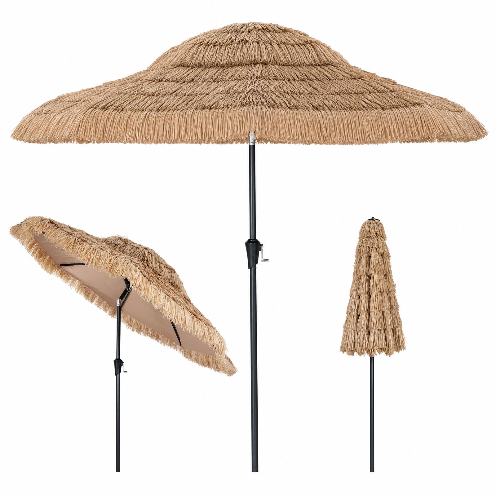 COSTWAY Sonnenschirm Hawaii 250 cm, Gartenschirm mit Kurbel, Strohschirm | Stroh Strandschirm, beidseitig um 30° knickbar, Marktschirm, Terrassenschirm für Garten, Balkon, Terrasse