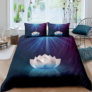 Feelyou Girls Lotus Flower Duvet Cover Girly Chic White Blossom Floral Bedding Set Blue Galaxy Comforter Cover for Kids Women Bedroom Decor Nature Theme Bedspread Cover Queen Size with 2 Pillow Case