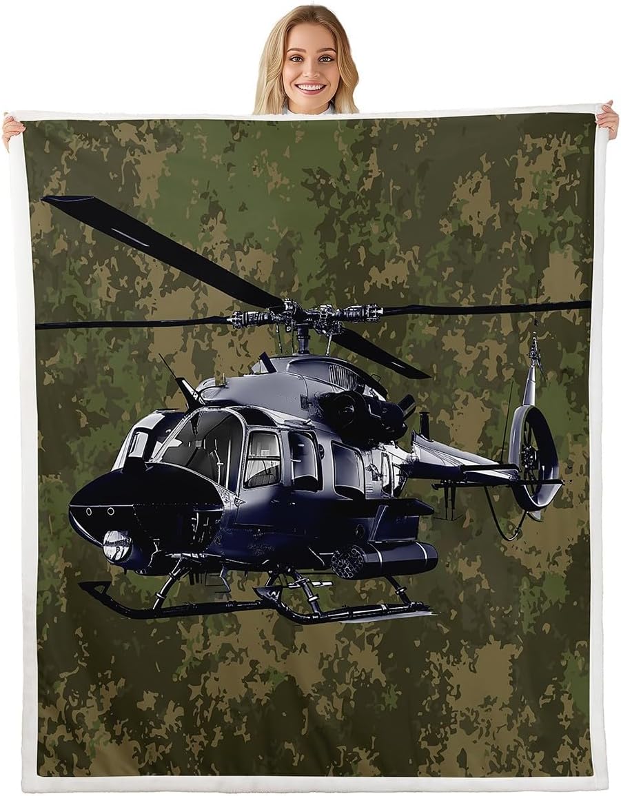 Castle Fairy Green Camouflage Plush Blanket,Helicopter Print Bed Blanket Home Decor Gift,Young Man Gamer Birthday Modern Style Fuzzy Blanket Office Chair, X Size (40 x 50 Inch)