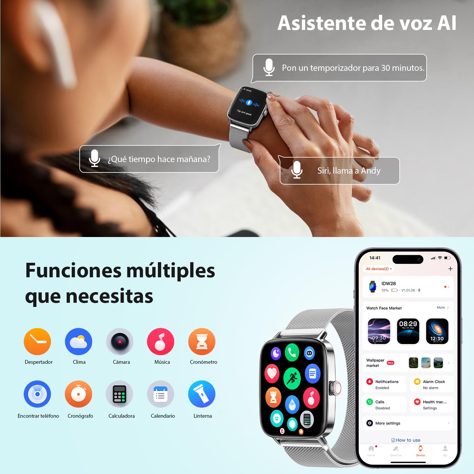 Yoever Reloj Inteligente Mujer Hombre, 1.85" Smartwatch con Llamadas y Whatsapp Notificación, SpO2/Pulsómetro/Sueño/Podómetro, 110 Modos Deporte, IP68 para Android iOS Plateado