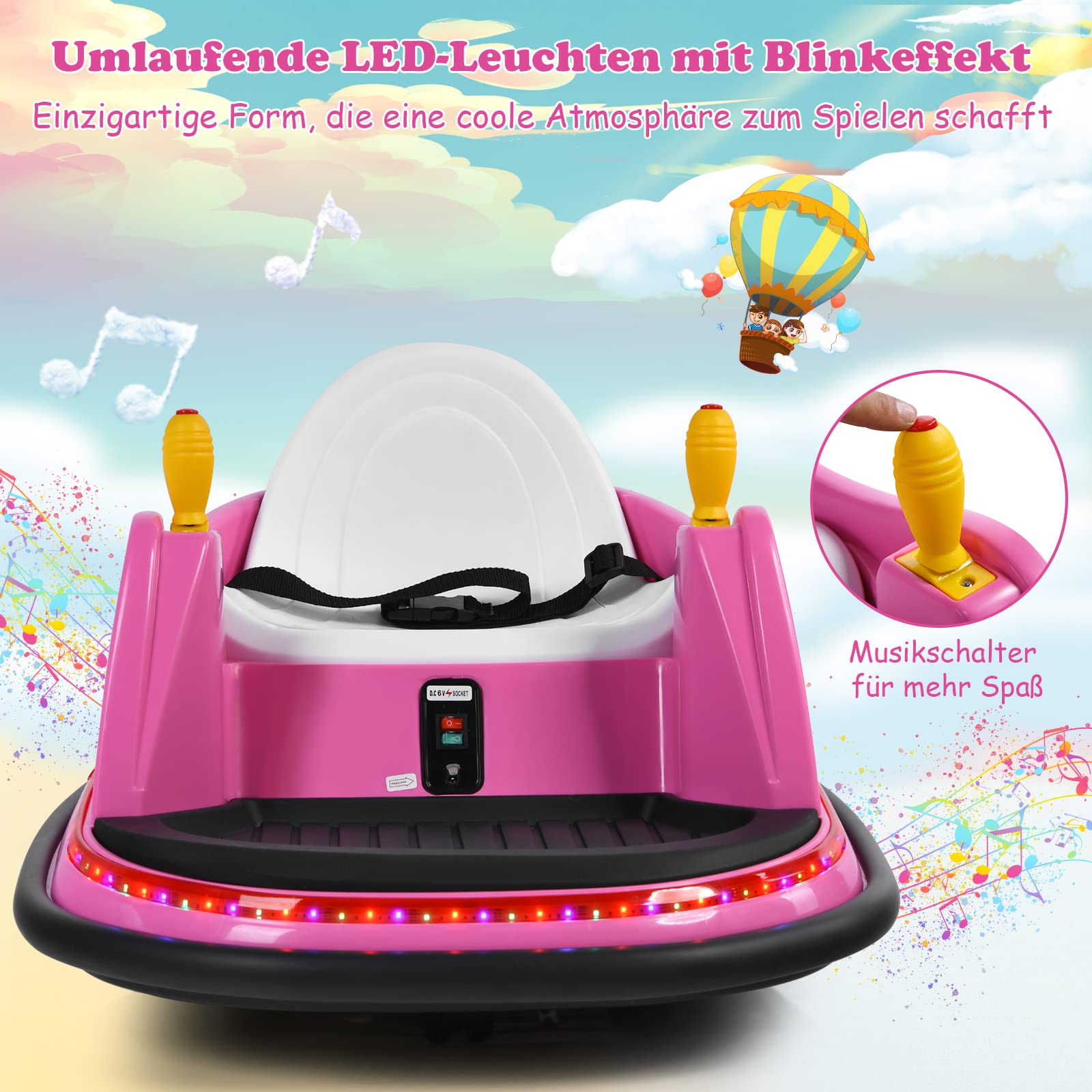 GOPLUS 6V Elektro Autoscooter mit 2,4 GHz Fernbedienung, Kinderfahrzeug 360 Grad, mit bunten Lichtern, EIN-Tasten-Start, Sicherheitsgurt, Musik, Hupe, für Kinder von 2-5 Jahren, bis zu 2km/h (Rosa)