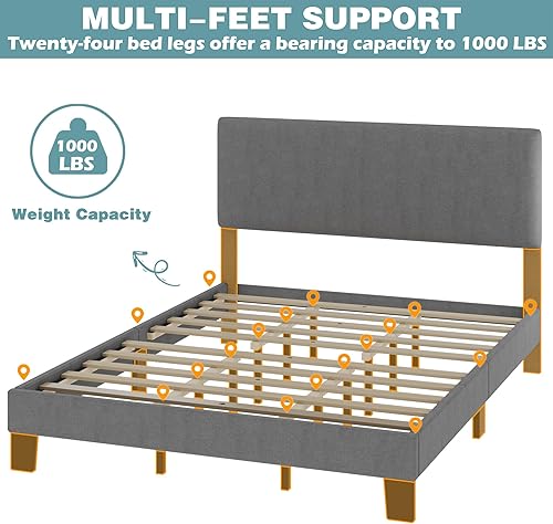 Miniatura 6 de Lifezone Base de cama Queen con cabecero, marco de cama tapizado de lino con soporte de listones de madera, no necesita somier, pies resistentes,