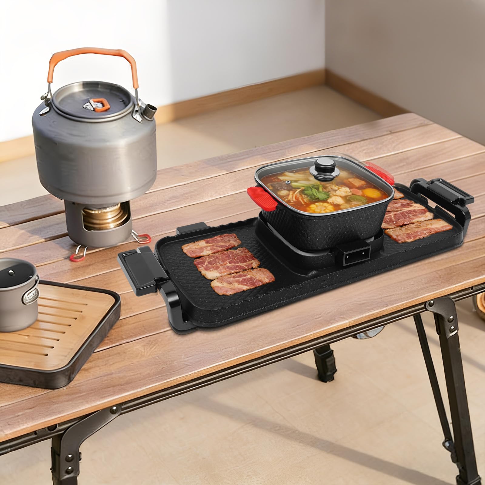 Electric Hot Pot und grill Eléctrico Hotpot - Olla eléctrica 2 en 1, con tapa transparente para interior, coreana, barbacoa, tailandés, fondue, Raclette para 6 personas, 5 velocidades de