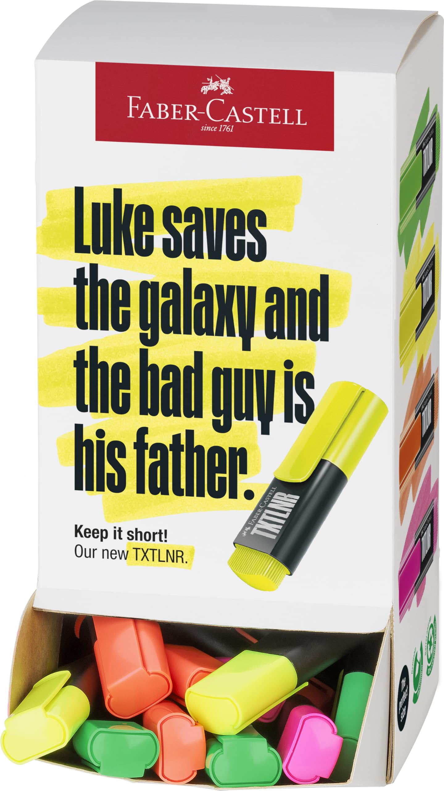 Faber-Castell - Textmarker Set TXTLNR, 60 Neon Marker | Kompakte Highlighter mit Keilspitze und 4 leuchtenden Neonfarben, Textmarker Mini für Kinder und Erwachsene
