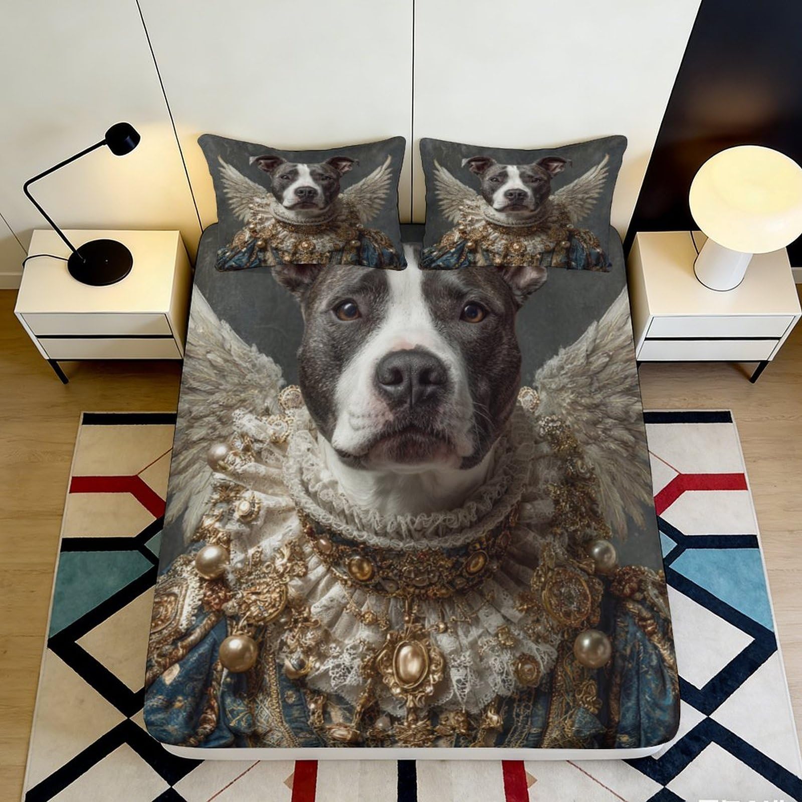 3D Printed Royal Dog Portrait Fitted Sheet Microfiber Soft Breathable Noble Animal Bed Cover for Bedroom Decor 90x200x25cm