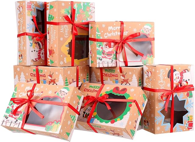 12pcs Christmas Cookie Boxes Large Holiday Bakery Boxes Christmas Treat Boxes with Window for Pastries, Cupcakes, Candy, Holiday Treat and Party Favor