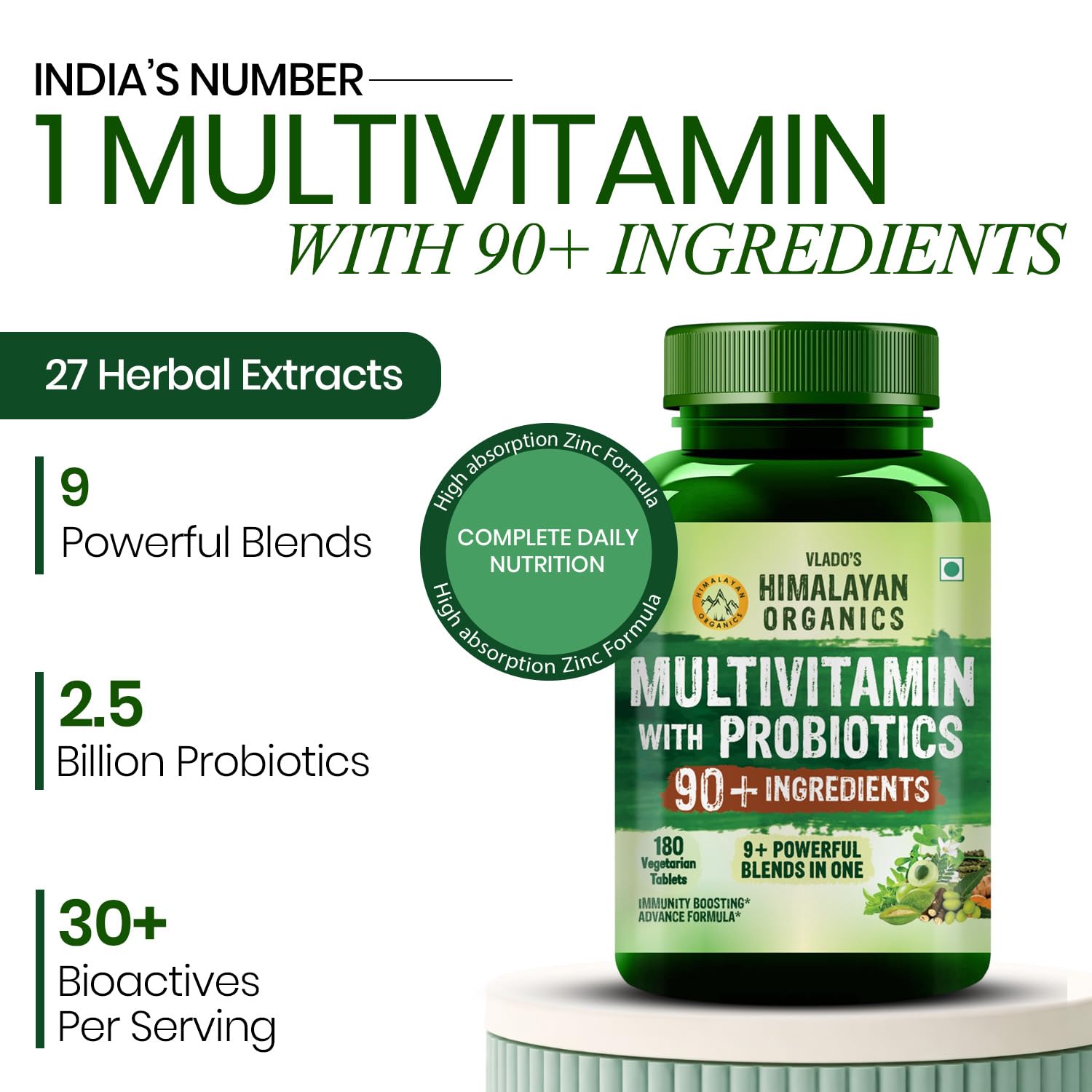 Vlado's Himalayan Organics Immunity Multivitamin Tablet for Men & Women with Probiotic 90+Vital Nutrients and 9+ Probiotic blends for Increase Energy & Immunity - Boost stamina, Strength & Muscles and Overall Health I Best Multi vitamin for Men & Women- 180 Veg Tablets 1