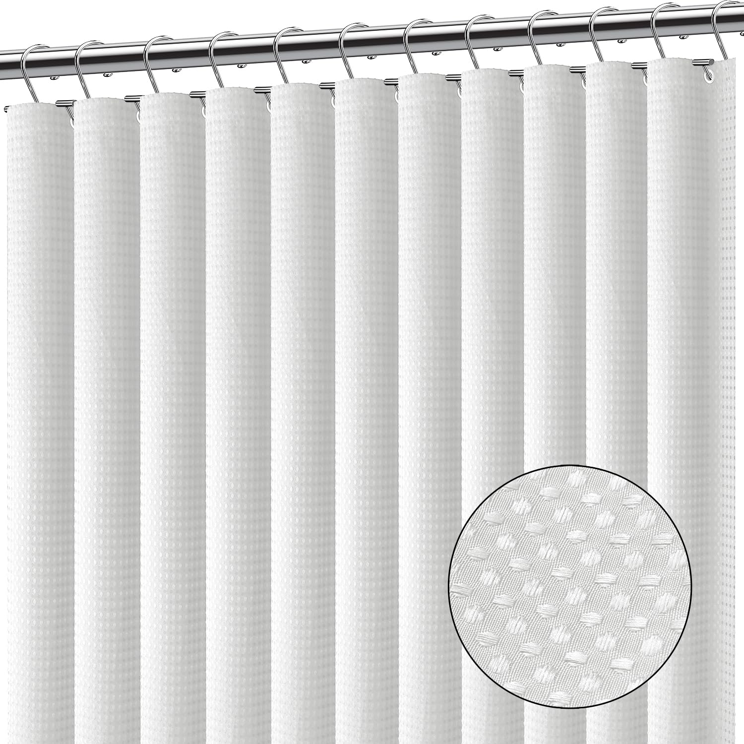 Clara Clark White Shower Curtain - Waterproof Shower Curtains For Bathroom, Waffle Shower Curtain Fabric, Bathroom Curtain, Fabric Shower Curtain 180 X 180 Cm (71 X 71 Inch), Cloth Shower Curtain