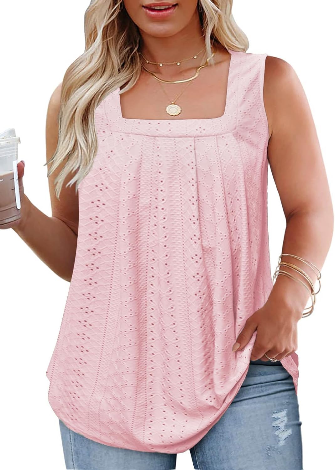 ROSRISS Plus-Size-Tank-Tops Summer Sleeveless Loose Fit Pleated Shirts Square Neck Tunics Eyelet Flowy Tees