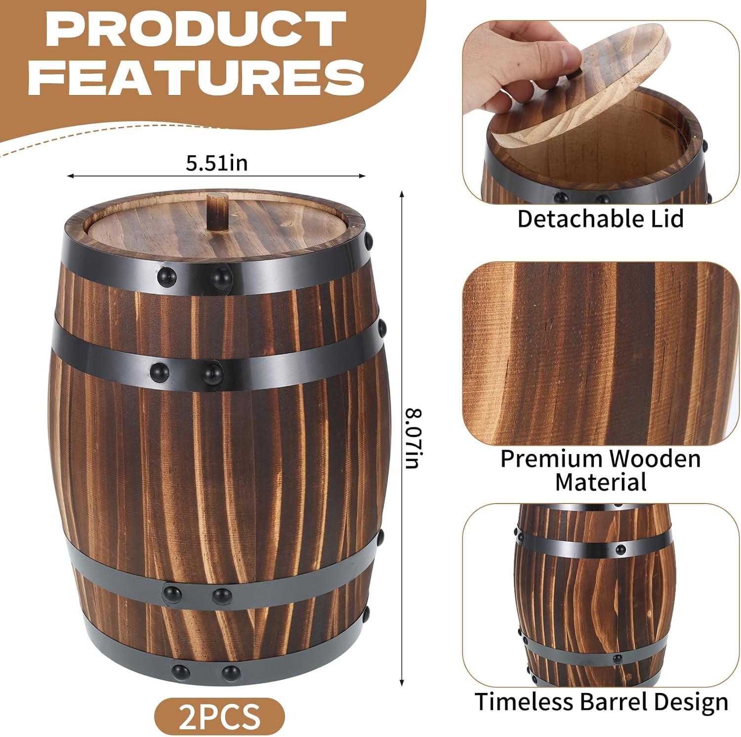 2 Pcs Wood Wine Barrel Vase Set Wooden Flower Planters Rustic Barrel Flower Vase Container for Home Indoor Outdoor Garden Kitchen Wedding Reception Party Table Decoration