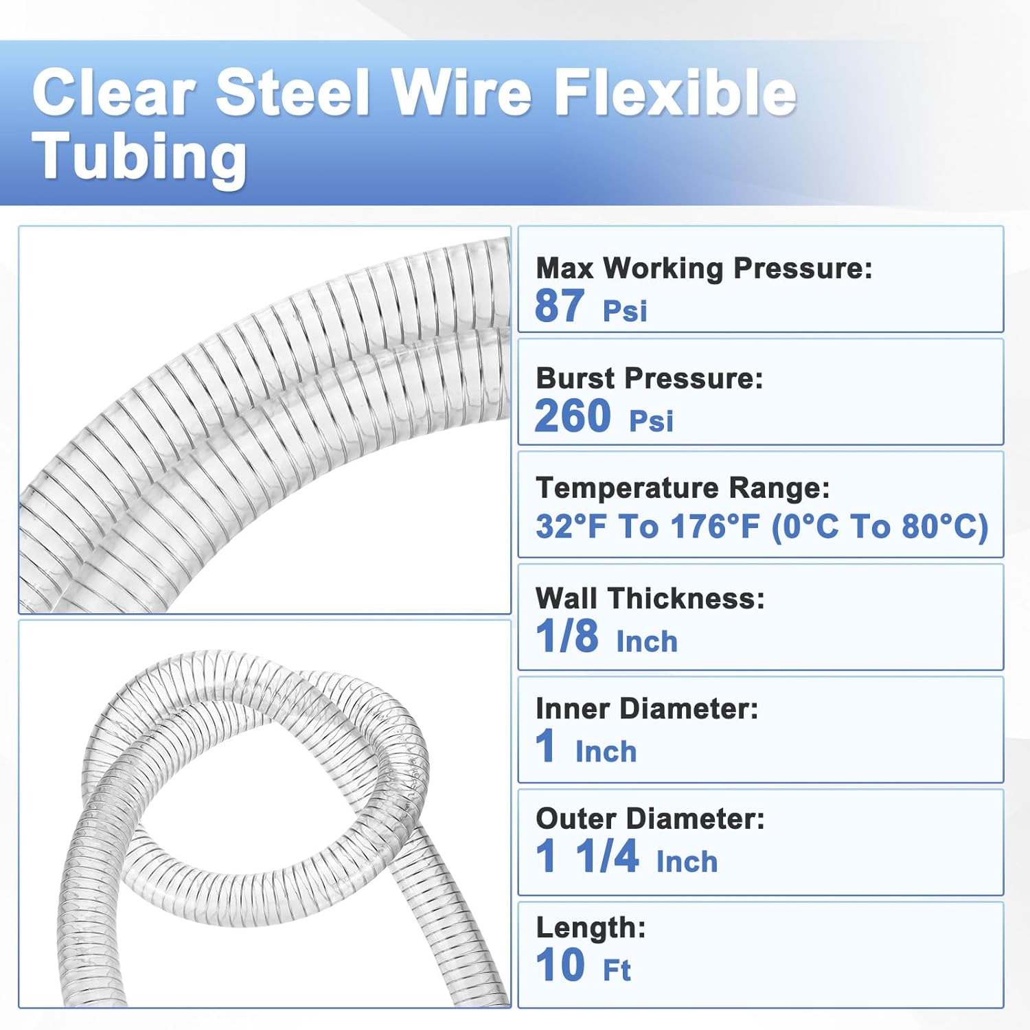 M METERXITY Suction Hose, 1 ID x 10 ft Clear Steel Wire Flexible Tubing, High Pressure PVC Oil Drain Hose Tube for Marine Bilge Pump Pond Garden Pool, with 2 Clamps