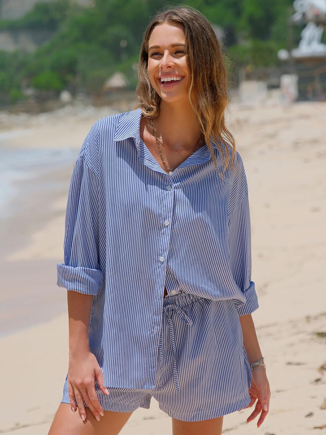 EXLURA Women's Summer 2 Piece Sets Long Sleeve Button Down Shirts Matching Short Sets Beach Vacation Cruise Outfits 2026 - Image 2