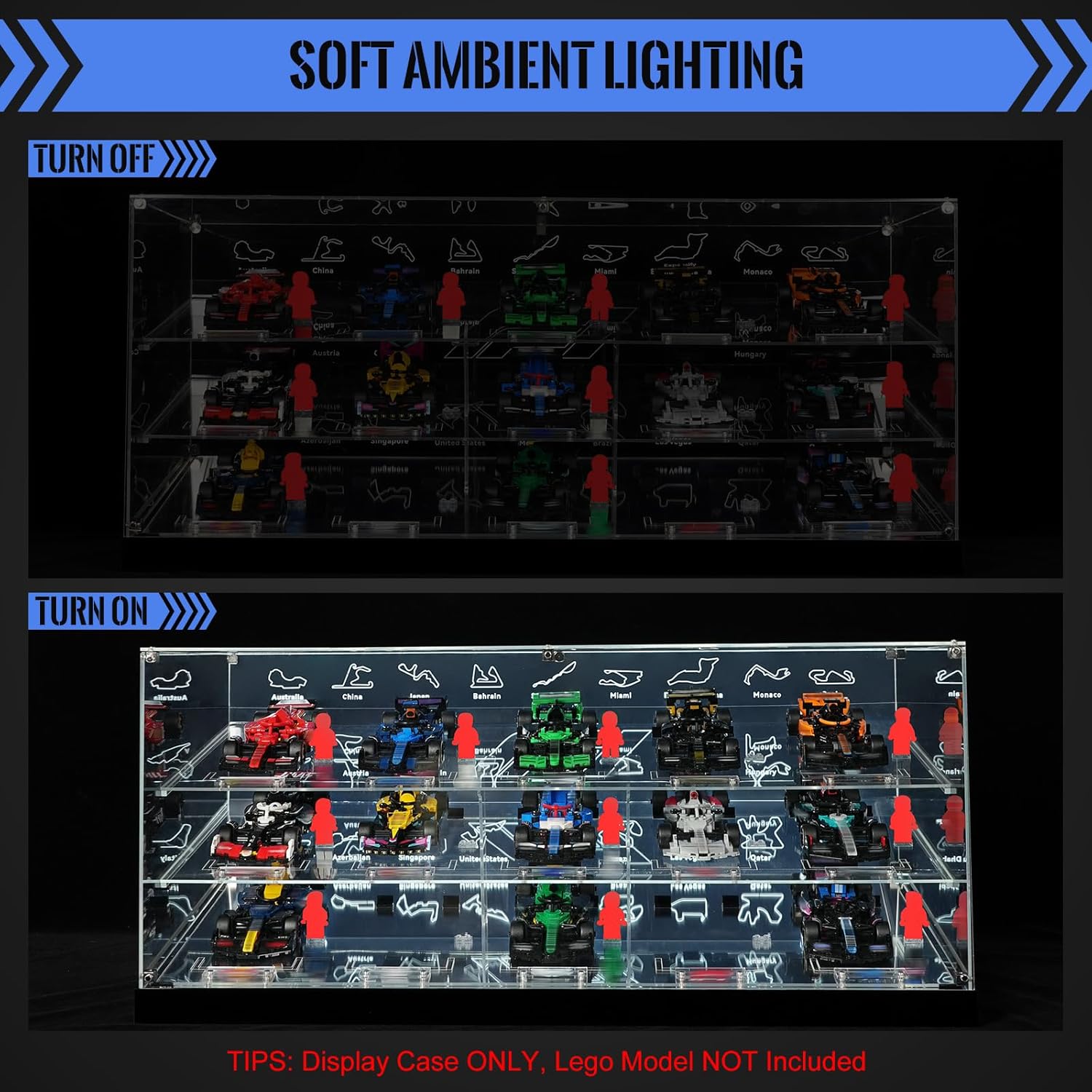 Acrylic Display Case with LED Lighting for Lego Speed Champions Race Car Toy – Dustproof Protective Showcase Box Compatible with F1 Model Car Kits