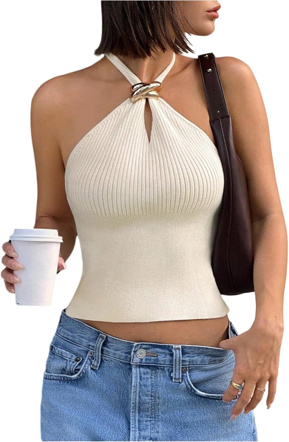 Verdusa Women's Sexy Ribbed Halter Tops Sleeveless Cropped Going Out Tops for Date Night