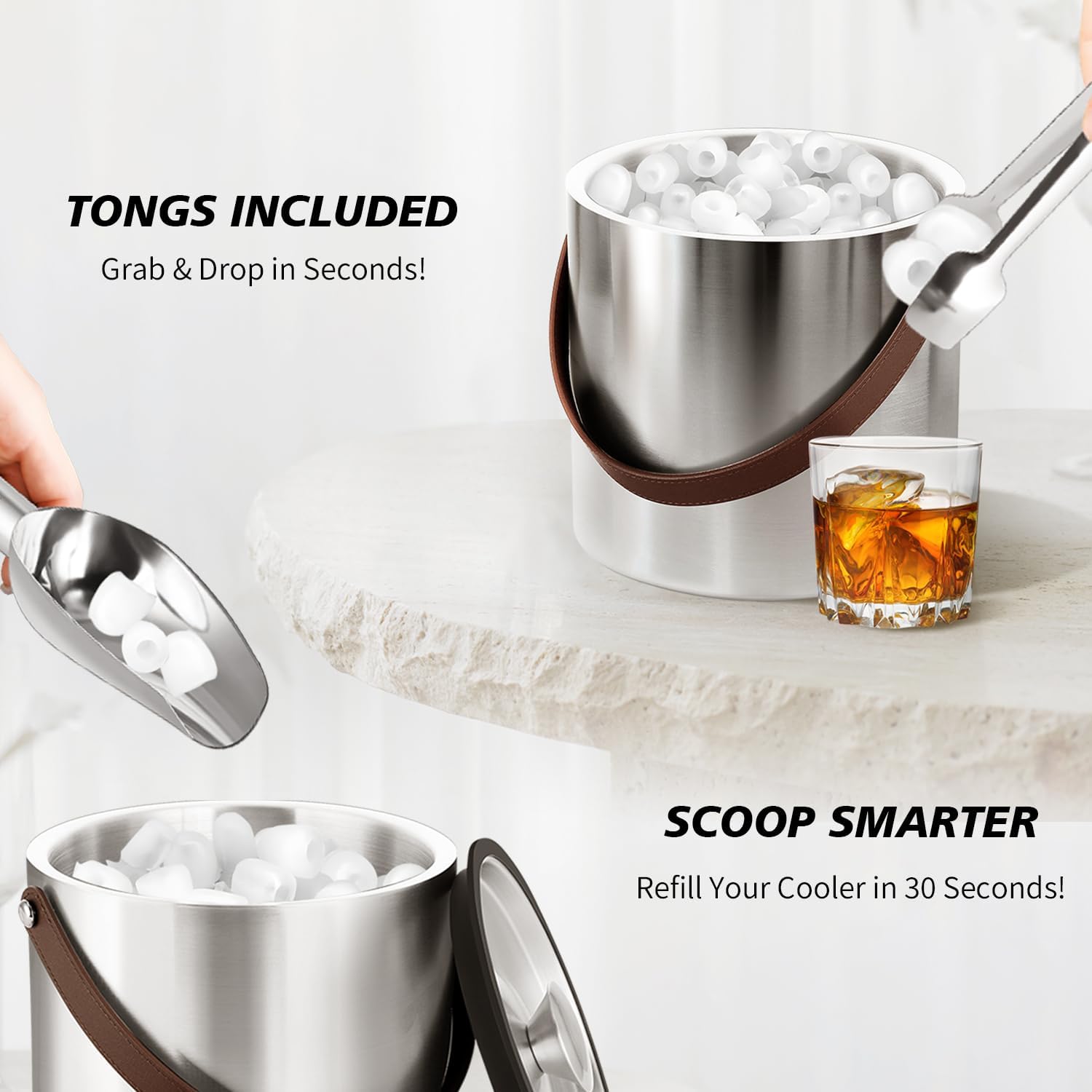 3L Large Ice Bucket with Lid, Scoop, Ice Tong, Strainer & Leather Handle Keep Ice Frozen Longer Large Wine Ice Buckets for Parties,Cocktail Bar, Chilling Beer Champagne, Dark Brown Handle 3L - Image 2