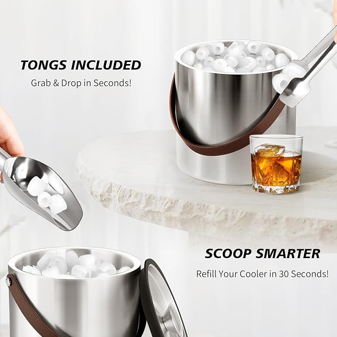 Double-Wall Vacuum Insulated Ice Bucket with Lid, Scoop, Ice Tong, Strainer & Leather Handle Keep Ice Frozen Longer Large Wine Ice Buckets for Cocktail Bar,Parties Chilling Beer Champagne 3L