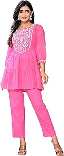 pukhya Women's Cotton Dobby Embroidery Co-Ord Set Relaxed Fit 2 Piece Suit Peplum Top & Pant-picture-38