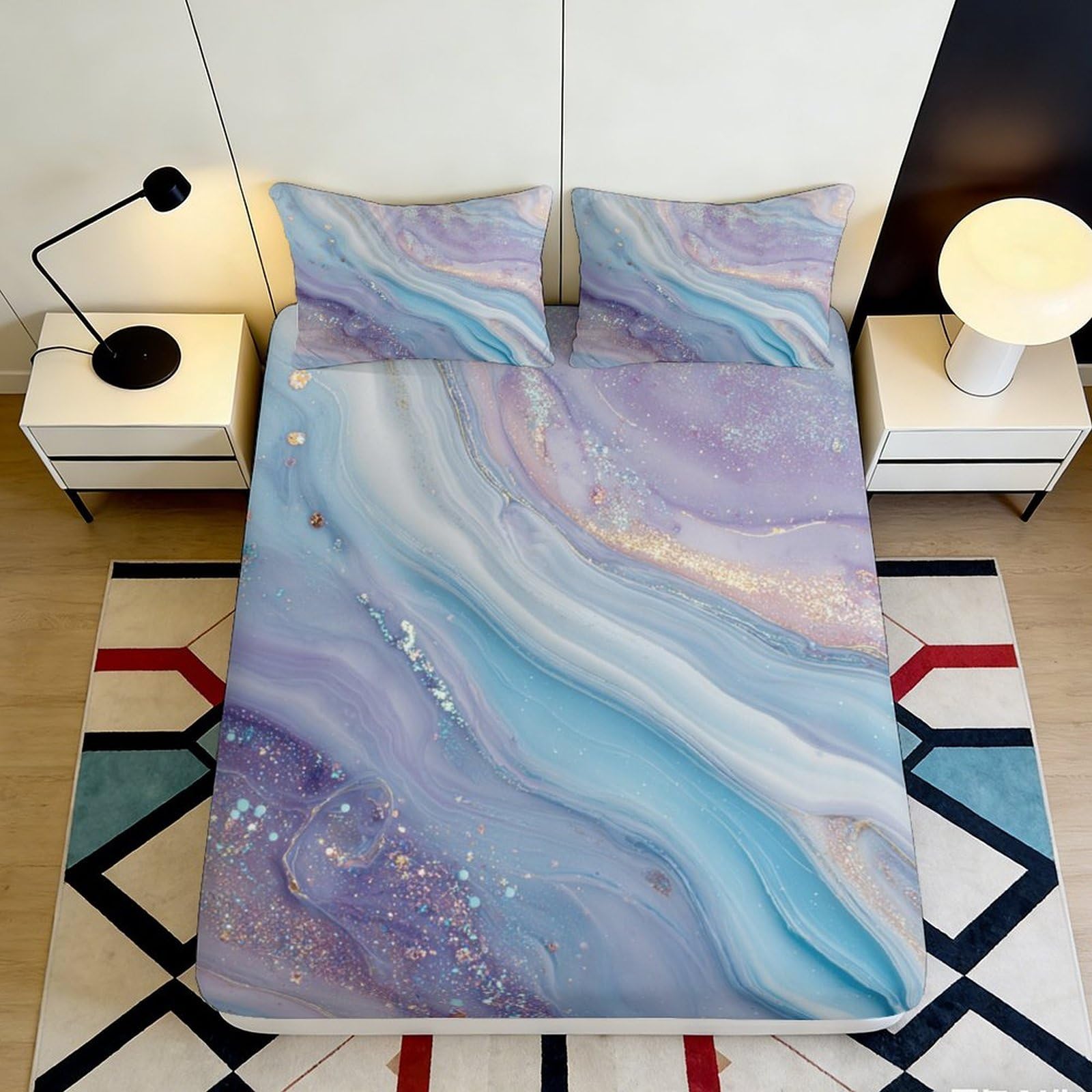 3D Printed Marble Blue Fitted Sheet Microfiber Soft Non-Slip Abstract Swirl Mattress Cover Bedroom Dorm Easy Care 120x200x25cm