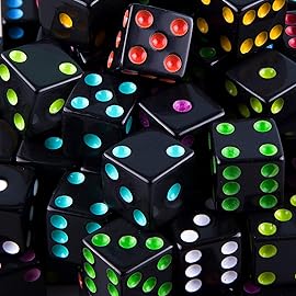 AUSTOR 100 Pieces Black Dice with Colorful Pips 6 Sided Square Corner Dices Come with a Free Storage Bag