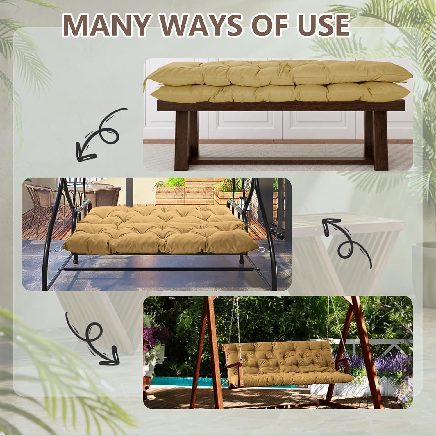 Porch Swing Cushions, Outdoor Swing Cushions 3 Seater Replacement with Backrest, Thickened Swing Cushion with Ties,Patio,Outdoor,Backyard and Gard (Khaki, 63 * 40 * 4 inches)